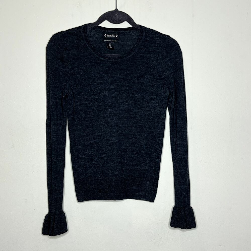 Nanette Lepore Sweater Womens Small Gray Merino Wool Ruffle Cuff Pullover
